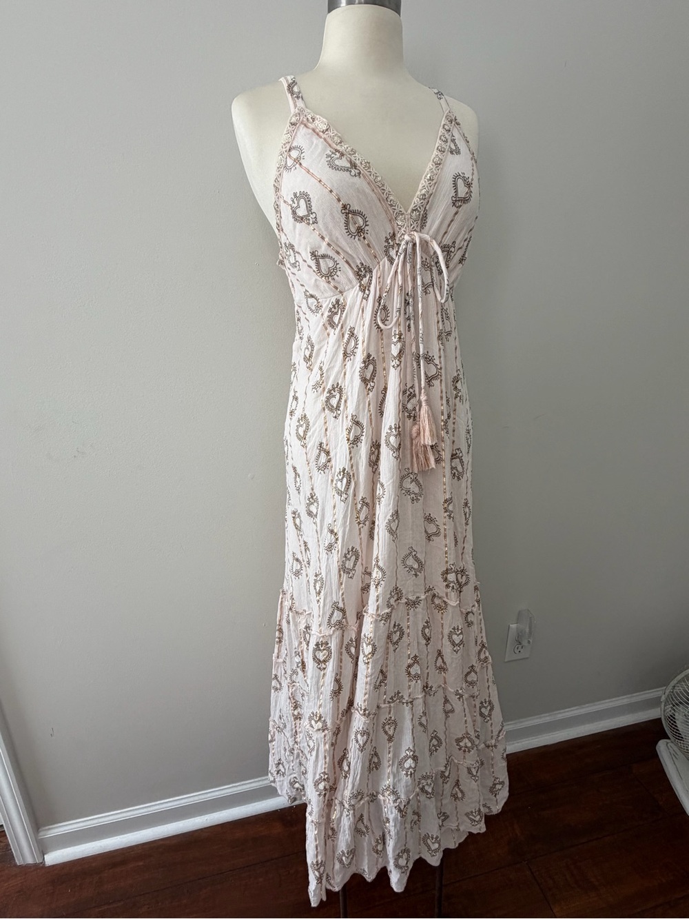 Ananta Blush Pink Embellished Boho Maxi Dress Tassel Tie OS Boho Chic Romantic - Picture 7 of 11